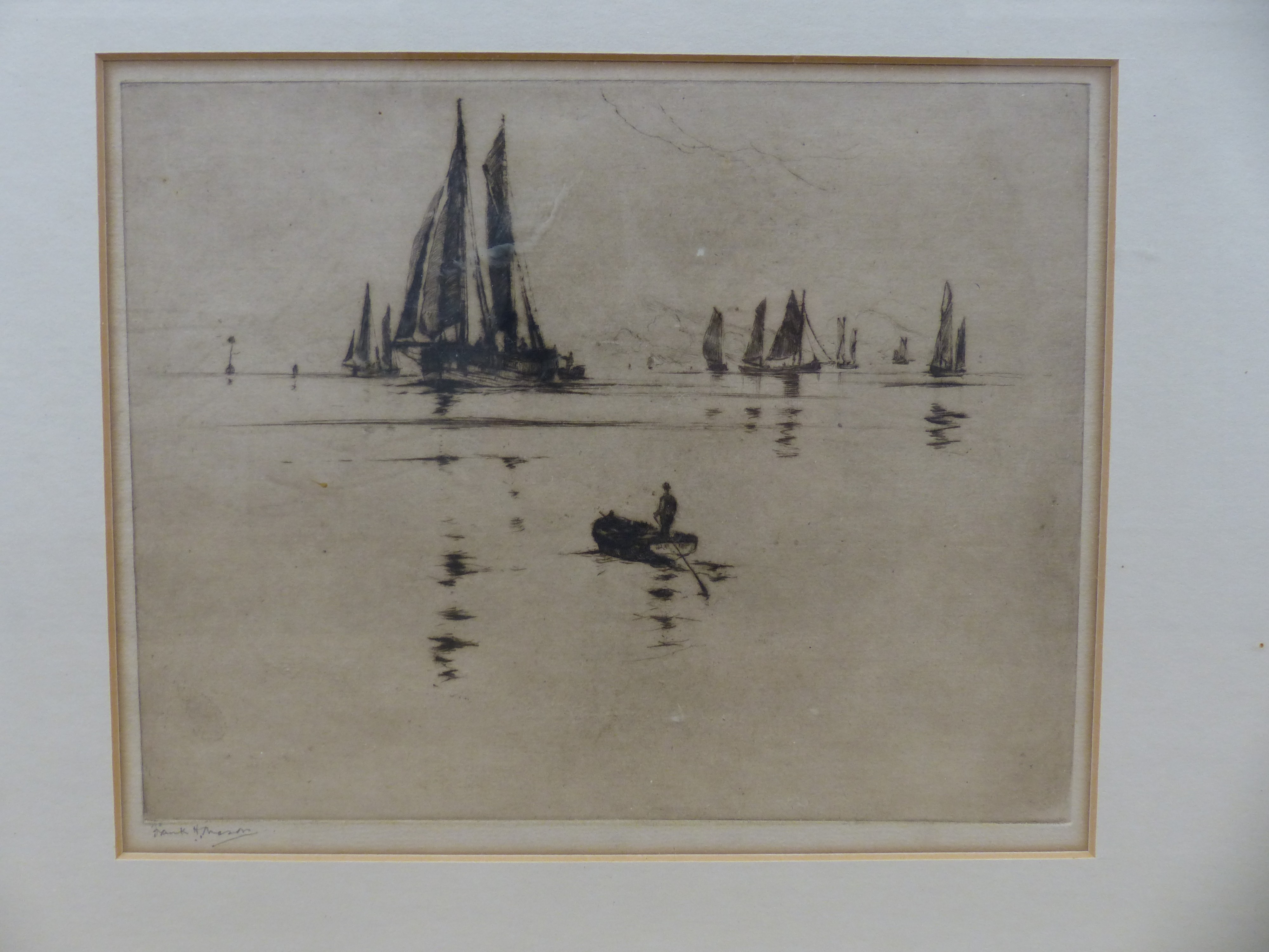 Frank Henry Mason (1875-1965) etching, Fishing smocks at sea, signed lower left, 18 x 22.5cm and two other etchings